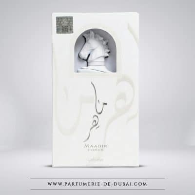 Caixa Maahir Honor – Água de perfume unissexo (frasco branco de 100 ml) – Lattafa
