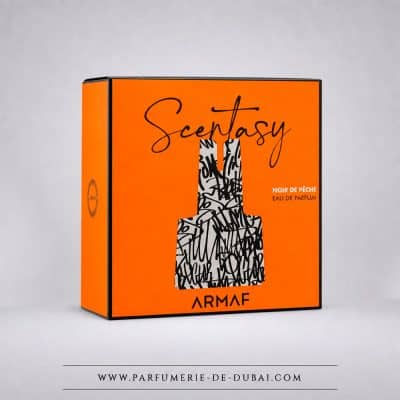 Pudełko Scentasy „Czarna brzoskwinia” – woda perfumowana dla kobiet i mężczyzn (czarno-pomarańczowy flakon 100 ml) – Armaf