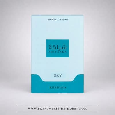Pudełko Shiyaaka Sky – Woda perfumowana dla mężczyzn (niebieski flakon 100 ml) – Khadlaj