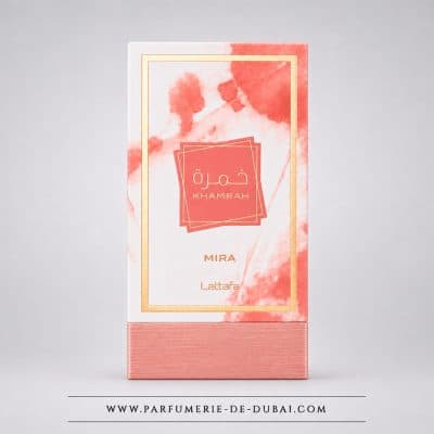 boite Khamrah Mira – Eau de parfum féminine (flacon rose transparent 100 ml) – Lattafa