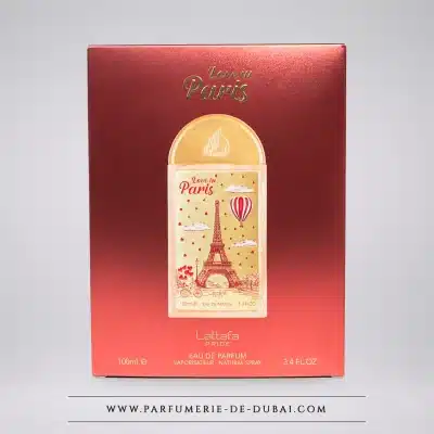 Czerwone pudełko perfum Love in Paris marki Lattafa Pride, 100 ml.