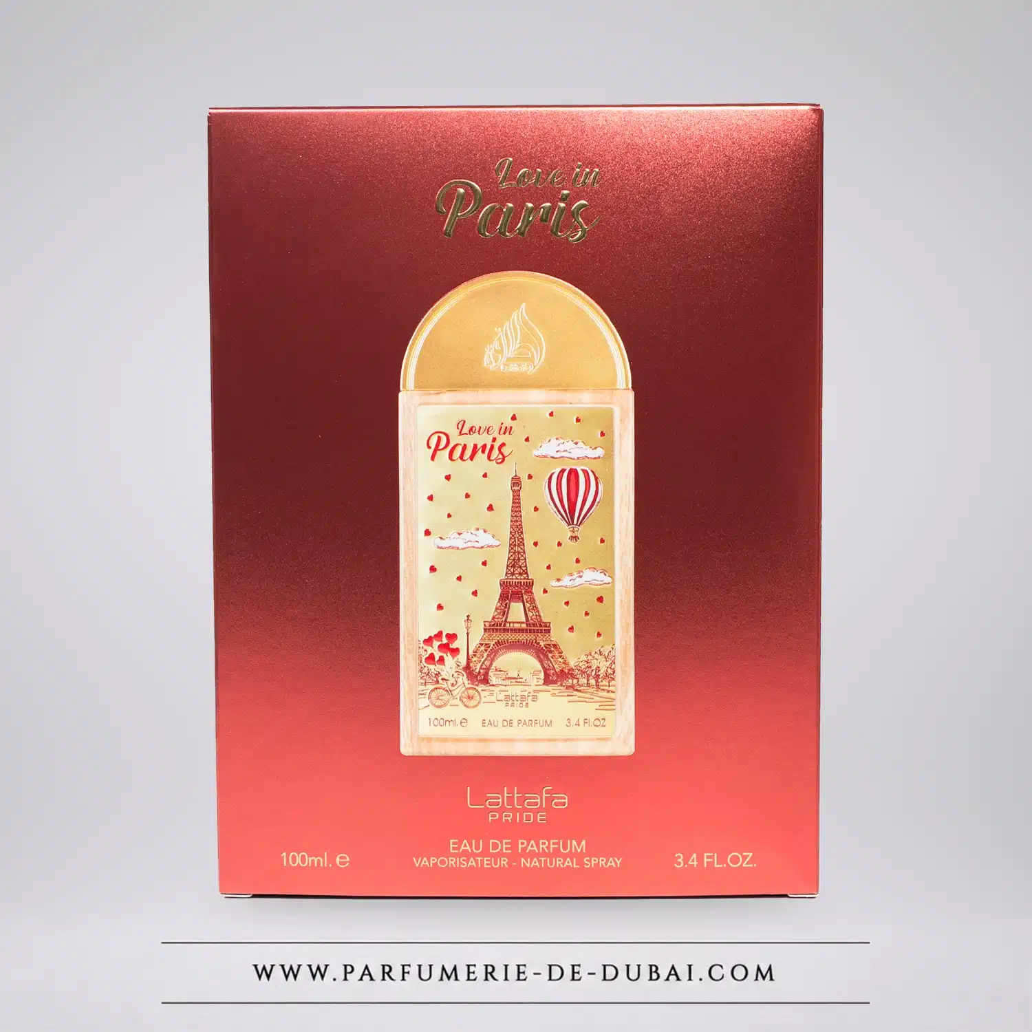 Czerwone pudełko perfum Love in Paris marki Lattafa Pride, 100 ml.