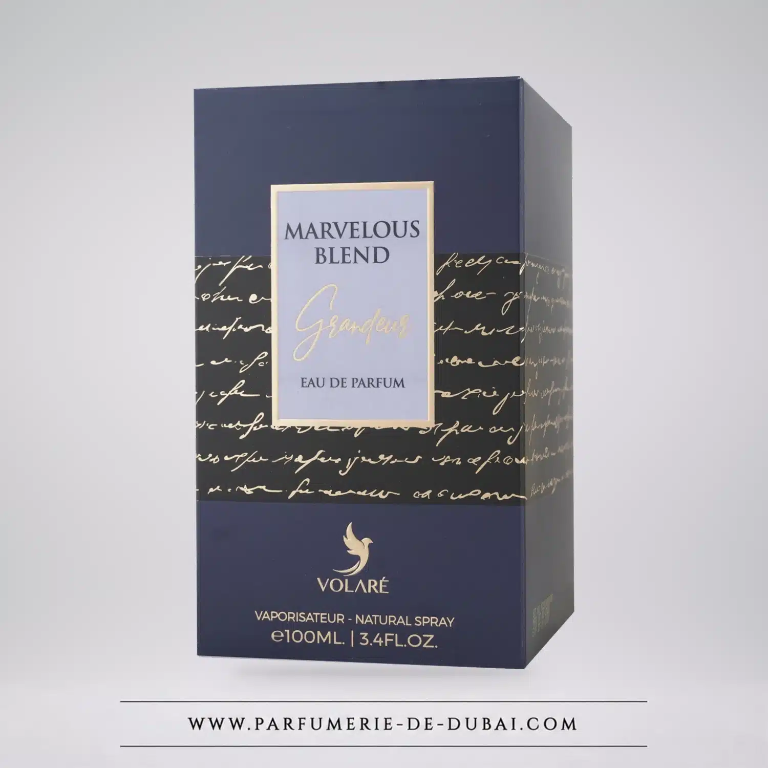 Granatowo-lawendowe pudełko ze złotymi detalami Marvelous Blend Grandeur marki Volaré, 100 ml.