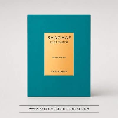 Embalagem Shaghaf Oud Marine - Água de perfume unissexo (frasco azul de 75 ml) - Swiss Arabian