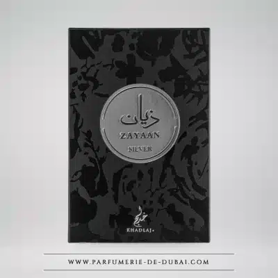 Czarno-srebrne pudełko perfum Zayaan Silver marki Khadlaj, 100 ml.