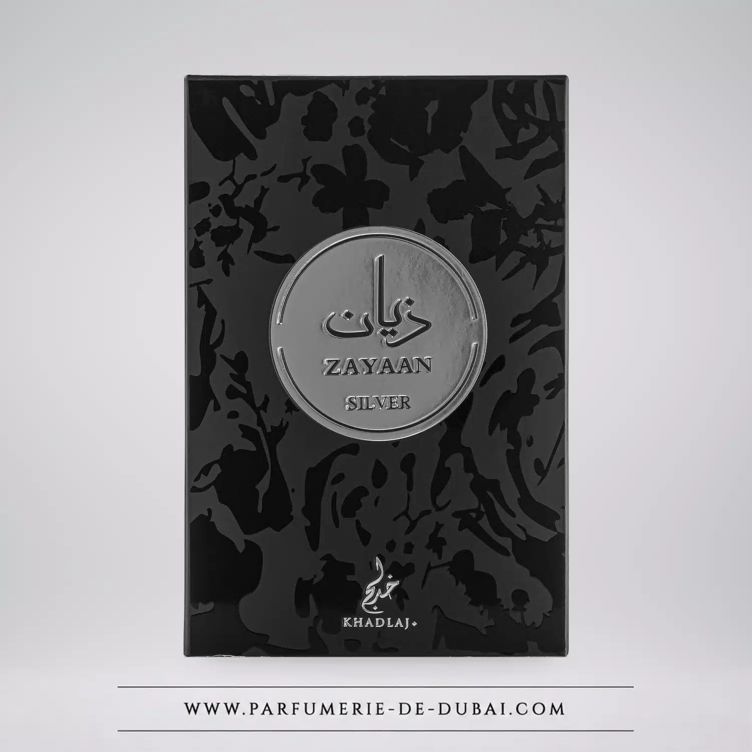 Juoda ir sidabrinė Khadlaj Zayaan Silver kvepalų dėžutė, 100 ml.
