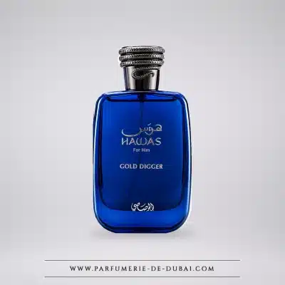 Niebieski flakon Hawas Gold Digger Rasasi z ciemnym metalowym korkiem, męska woda perfumowana 100 ml.