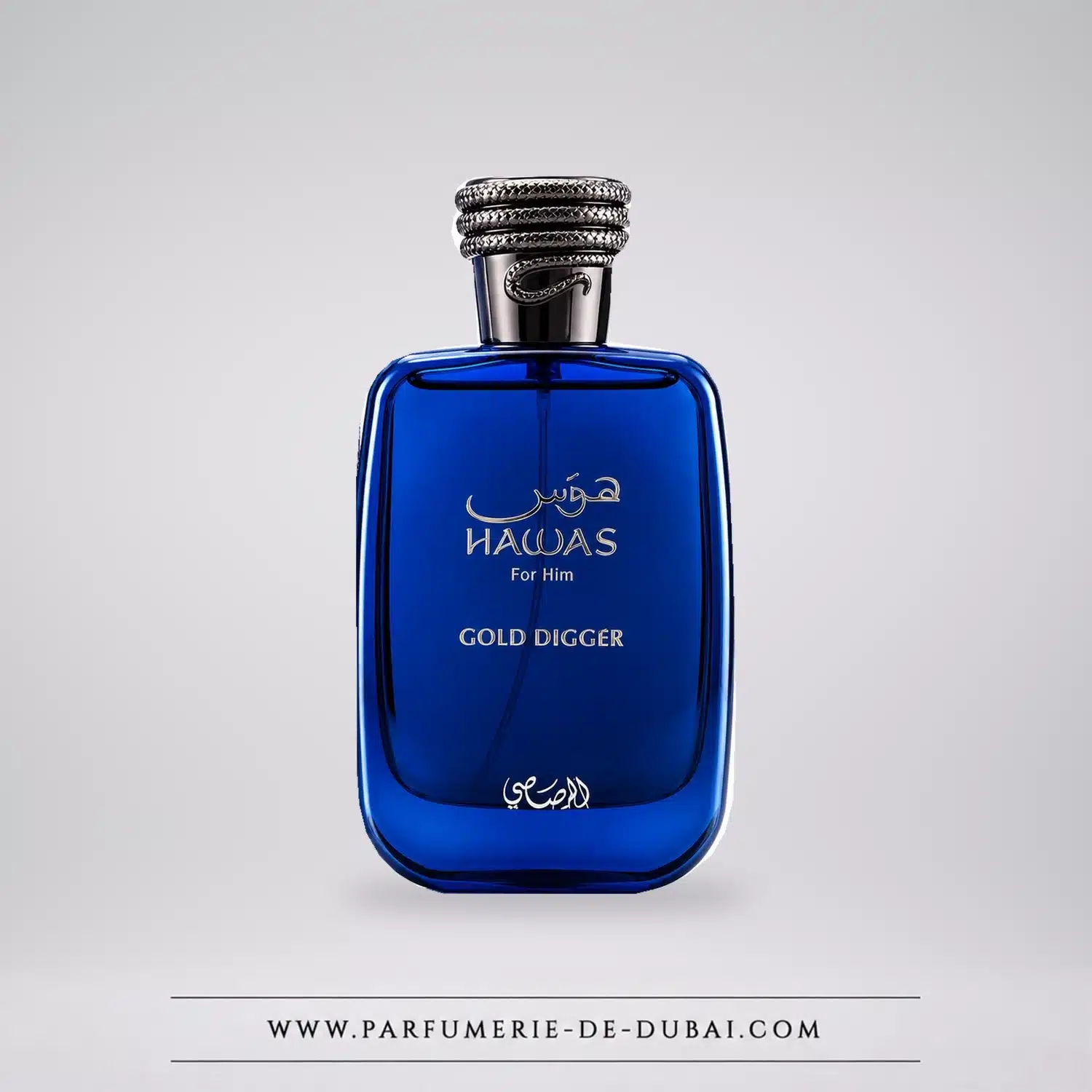 Niebieski flakon Hawas Gold Digger Rasasi z ciemnym metalowym korkiem, męska woda perfumowana 100 ml.