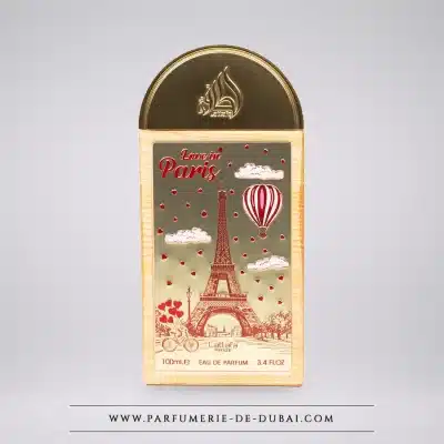 Flakon perfum Love in Paris marki Lattafa Pride, 100 ml, z motywem wieży Eiffla.