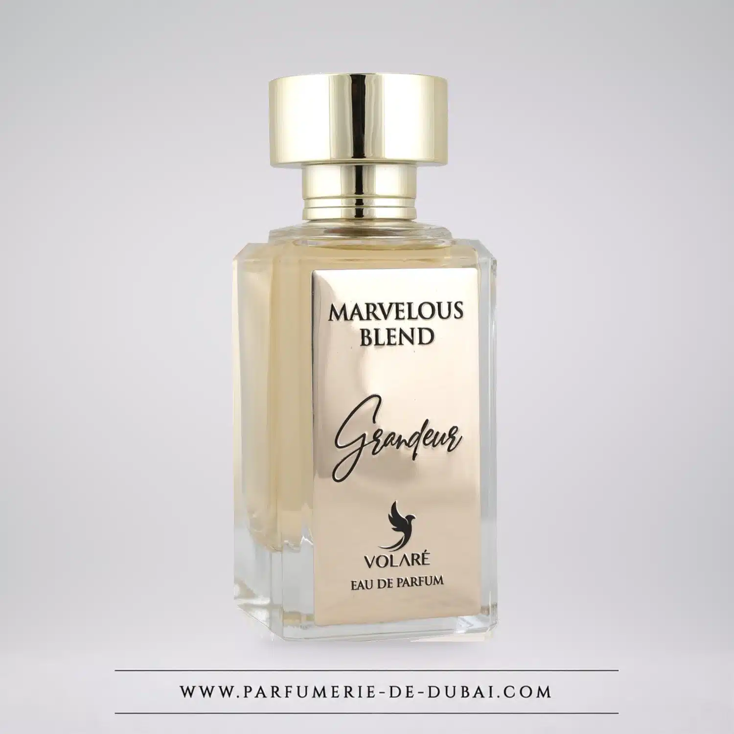 Przezroczysty flakon ze złotymi detalami Marvelous Blend Grandeur marki Volaré, woda perfumowana 100 ml.